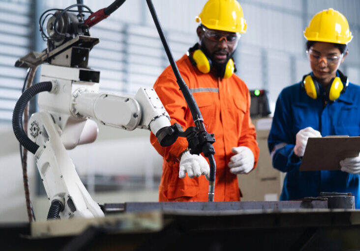 engineer cooperation male and female technician maintenance control relay robot arm system welding with tablet laptop to control quality operate process work heavy industry 4.0 manufacturing factory